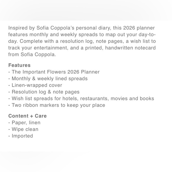 New Sofia Coppola Important Flowers 2026 Monthly Weekly Planner w/signature card - Picture 11 of 12
